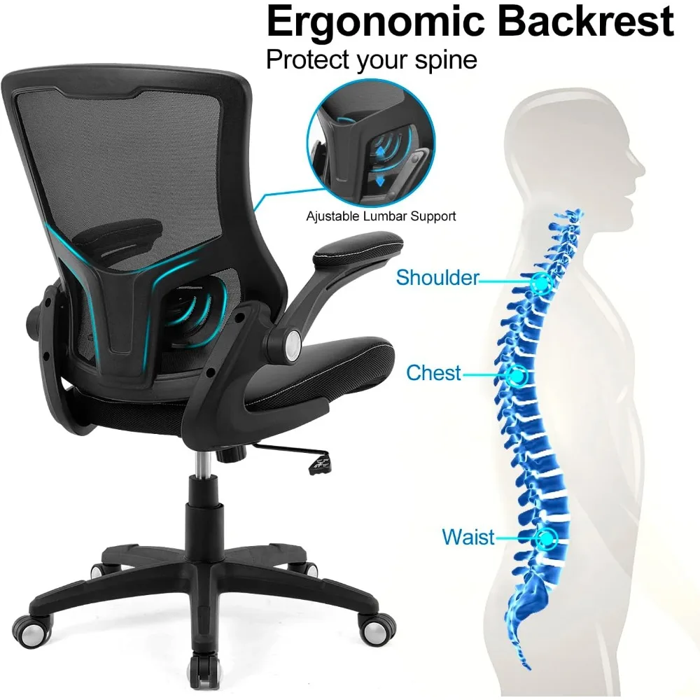 Ergonomic PU Leather Desk Chair with Swivel, Adjustable Lumbar Support and Flip-up Arms for Home Office Use