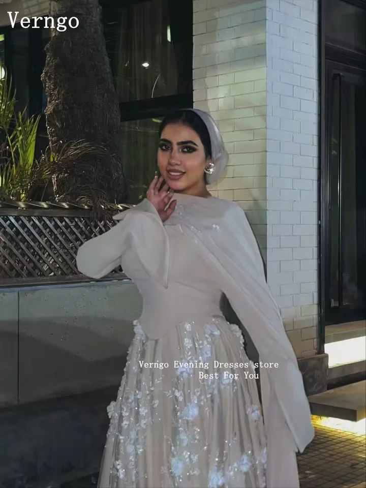 Verngo Appliques Prom Gowns O Neck Full Sleeves Maxi Luxury Women's Turkish Evening Dresses A Line Evening Gowns Customized