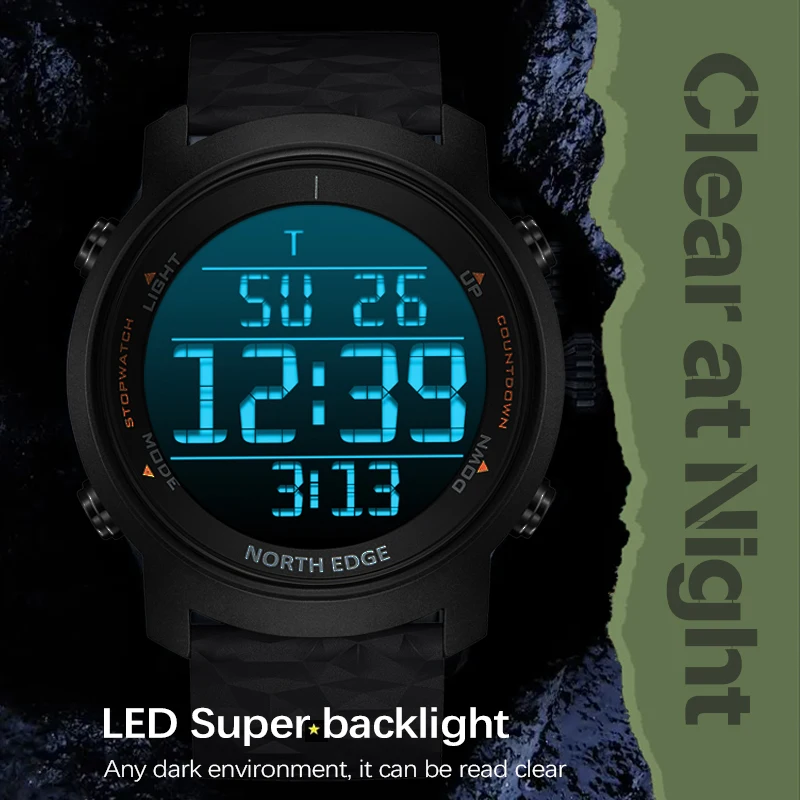 NORTH EDGE – montre numérique étanche 50M pour hommes, montre-bracelet de Sport de plein air avec lumière Led, chronomètre à la mode