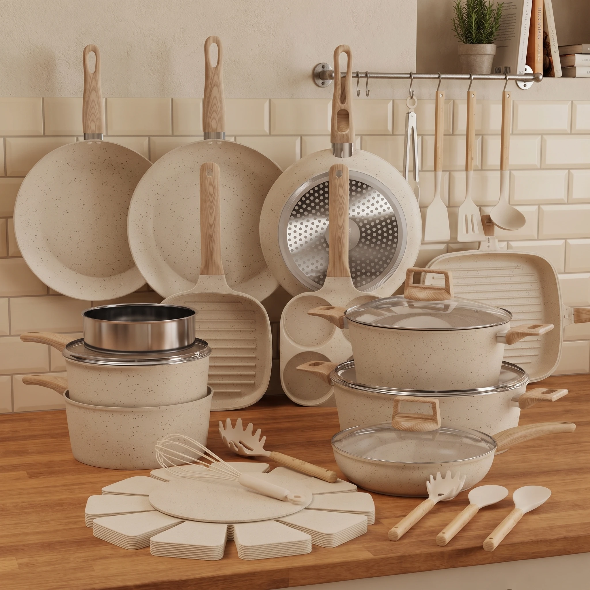 Non Stick Ceramic Cookware Set 14/21/26/31 Piece Kitchen Pots and Pans Set Induction Compatible Oven Safe Dishwasher Safe PFOA Free Granite Coating Aluminum Cookware Sets for Home Kitchen Cooking