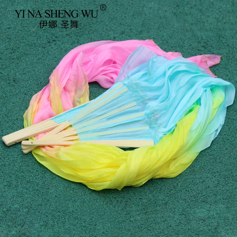 100% Real Silk Belly Dance Silk Fans Handmade Dyed Belly Dance Long Silk Fans 1 Pair Chinese Dance Fans Dance Performance Fans