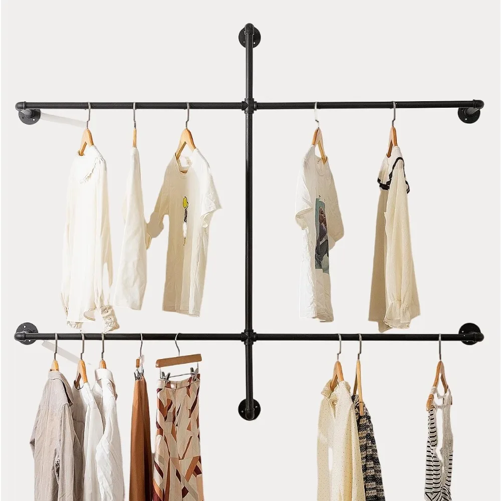 

Industrial Pipe Clothing Rack - Wall Mounted Garment Rack as Walk-in Closet System. Sturdy Open Wardrobe for Hanging Clothes