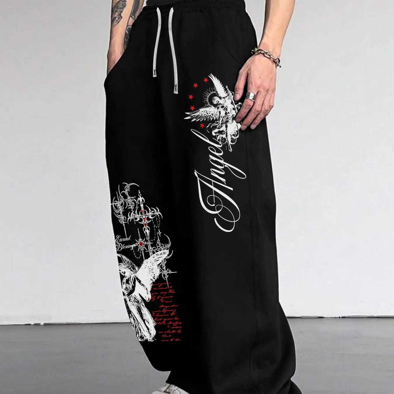 Men's Casual Straight Leg Pants with Angel Print Wide Leg Sweatpants, Men's American High Street Loose Straight Leg Casual Pants