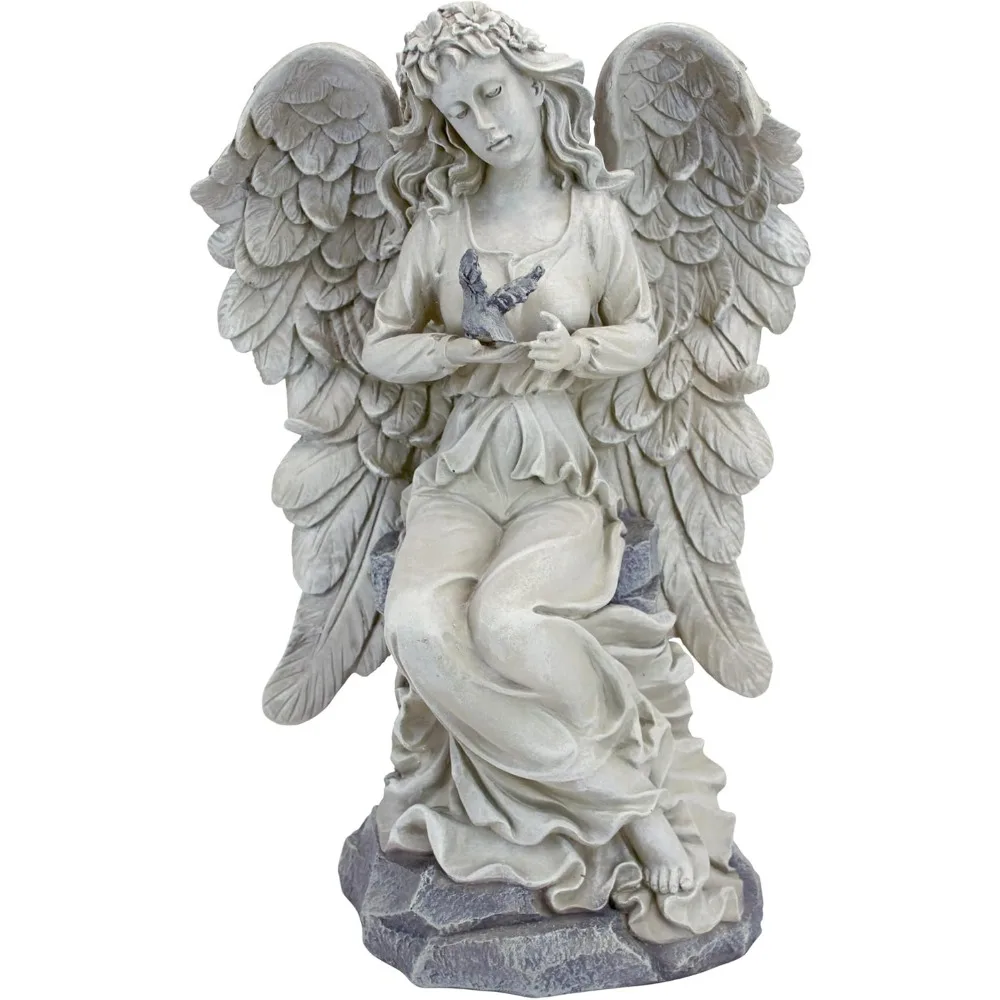 Rock Angel and Bird Outdoor Garden Statue, 13 inches x 8.5 inches x 19 inches, two tone stone