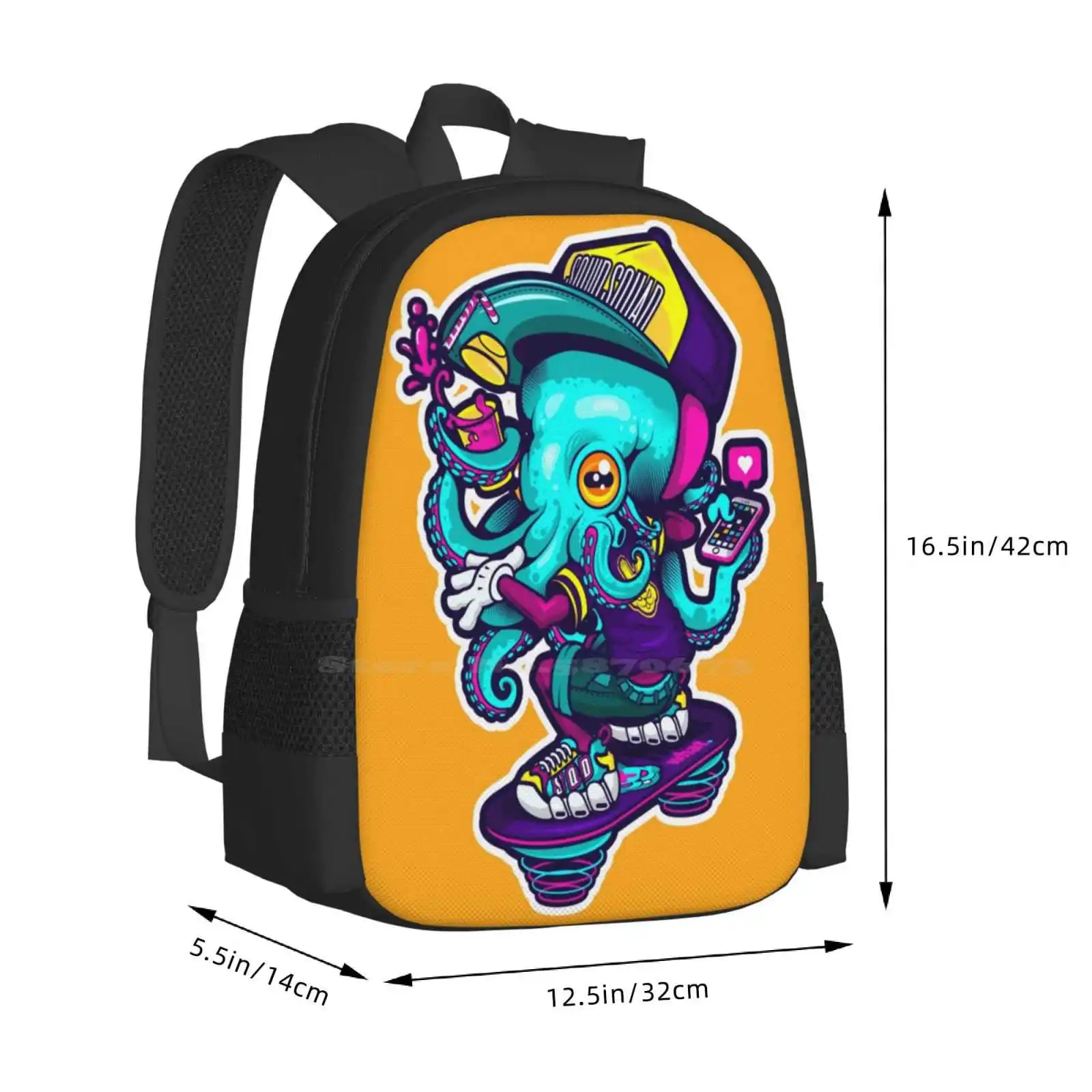 Cool Squid New Arrivals Unisex Bags Student Bag Backpack Cool Squid Calamar Pulpo Octopus Cap Bling Swag Style Vectorart Vector