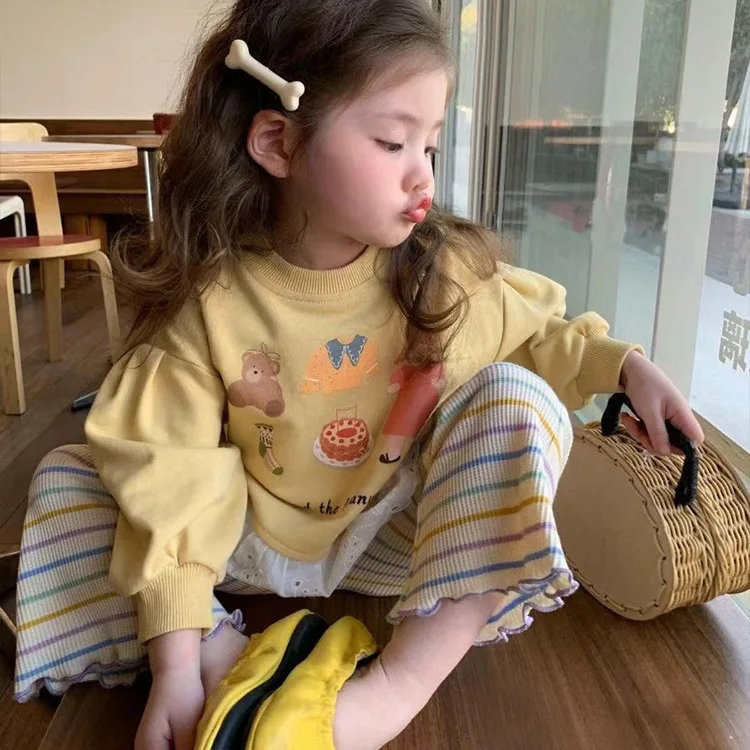 

Children's Clothing Girls' Sweatshirt 2025 Autumn Children's Foreign Cartoon Print Pullover Long Sleeve Crew Neck Lace Top