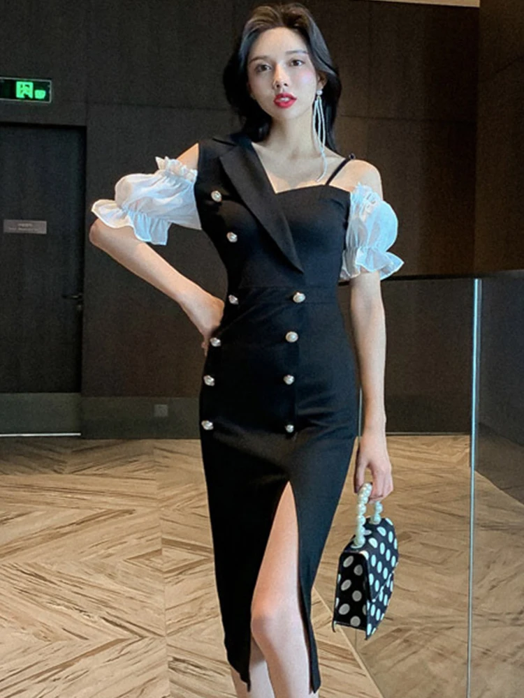 Summer Fashion Runway Sexy Asymmetrical Design Dress for Women Contrast Color Off Shoulder Double Breasted Slit Midi Robe Office