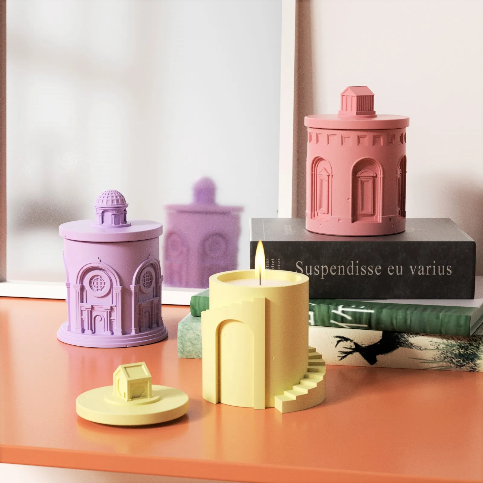 

Architectural Candle Jar Jesmonite Silicone Mold Cement Candle Vessel Mould with Lids Concrete Making Mold Home Decoration