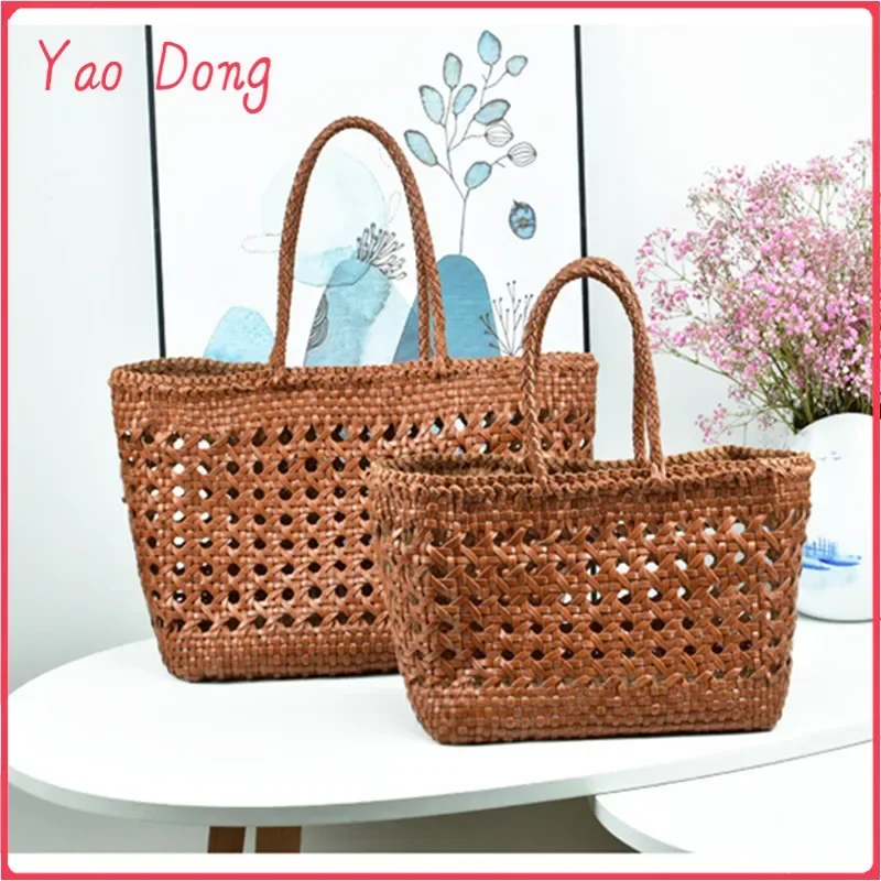 Yao Dong Big Bag100 % ของแท้หนัง Hollowed ทอกระเป๋าสะพาย Casual ทอภายในกระเป๋า Vintage Shopping Bag Cowhide Tote