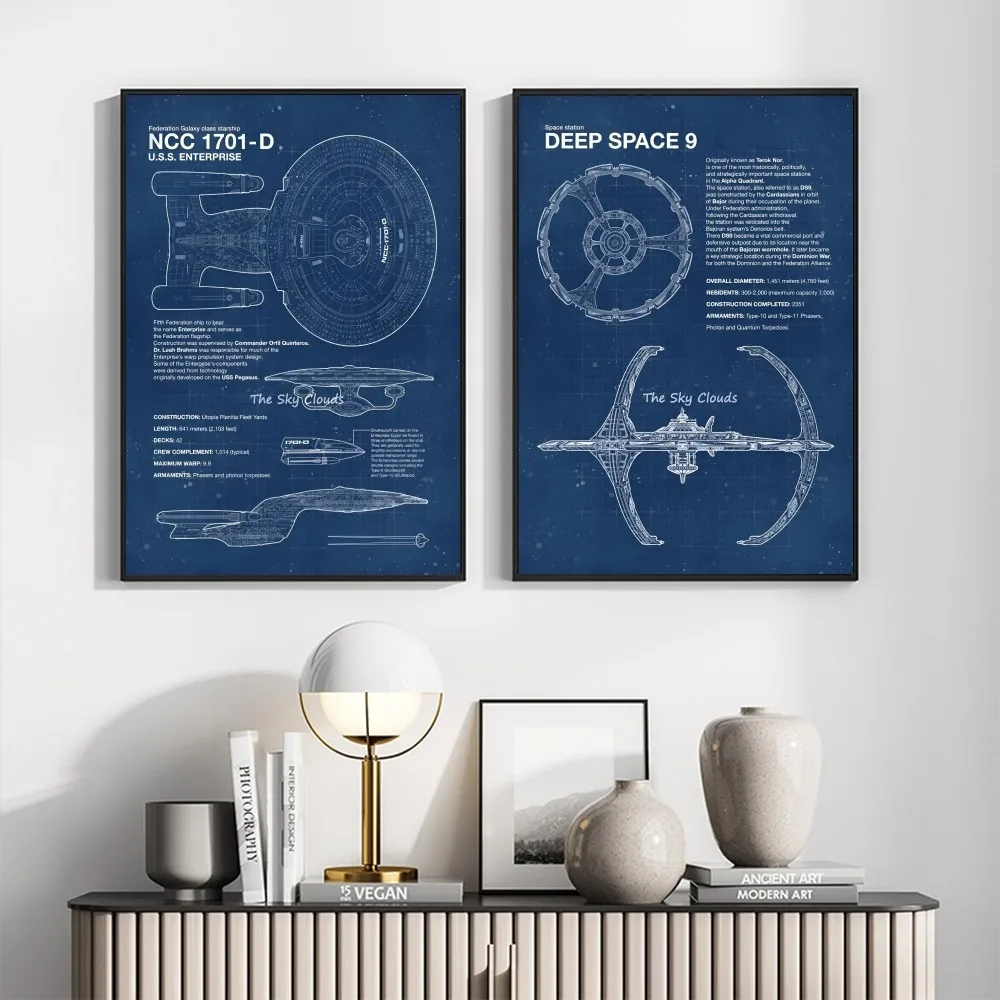 مخطط سفينة الفضاء ستار تريك ملصق فني ذاتي اللصق مقاوم للماء ورقة ملصق مقهى بار غرفة جدار ديكور