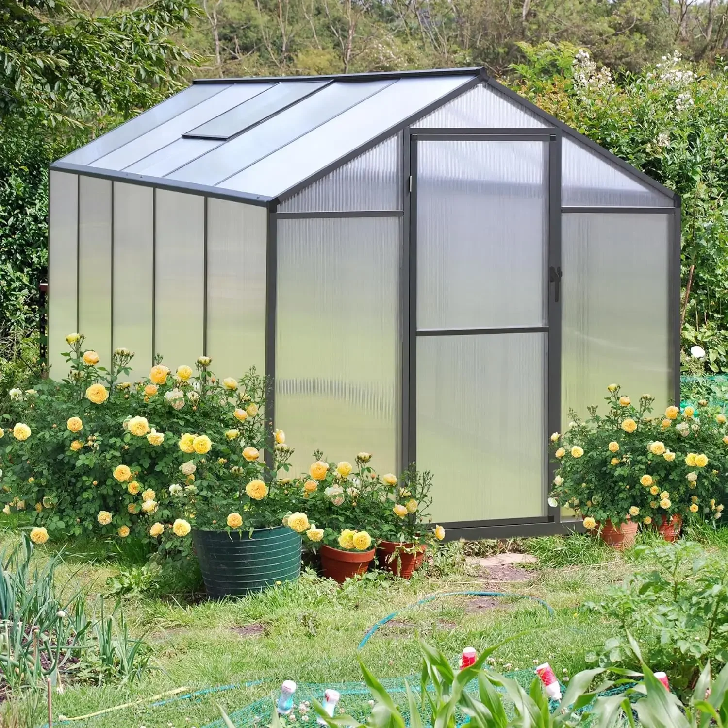 10/12/16 FT Outdoor Polycarbonate Greenhouse Kit with Aluminum Frame, Walk-in Garden Green House with Sliding Lockable Door