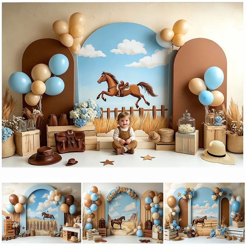 

Western Cowboy Theme Photography Background Arch Balloons Cowboy Hat Horse Decor Cake Smash Kids Portrait Photo Backdrop Studio