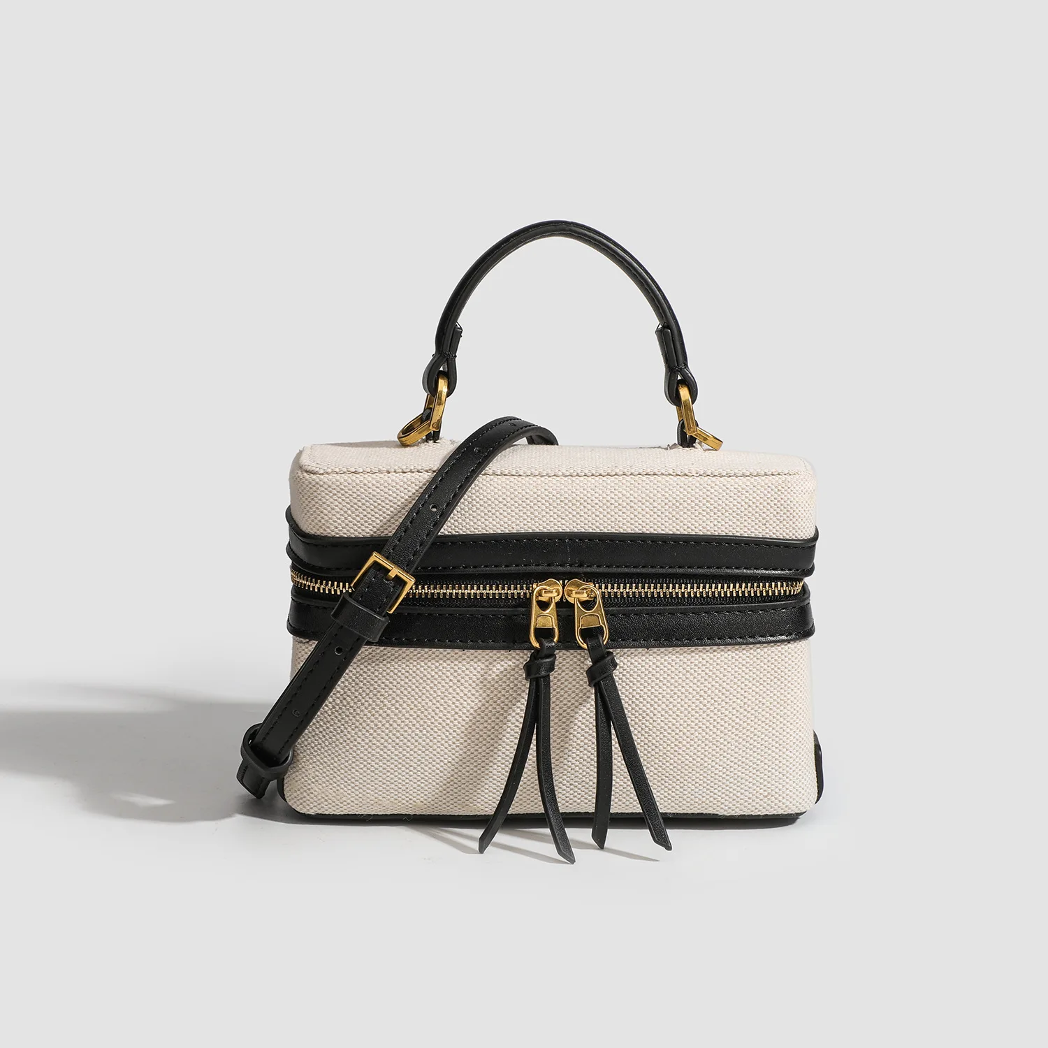 

Canvas with Leather Tote Bag Vintage Splicing Box Handbag Shoulder Crossbody Bag, Double Zip and Adjustable Strap for Chic Carry