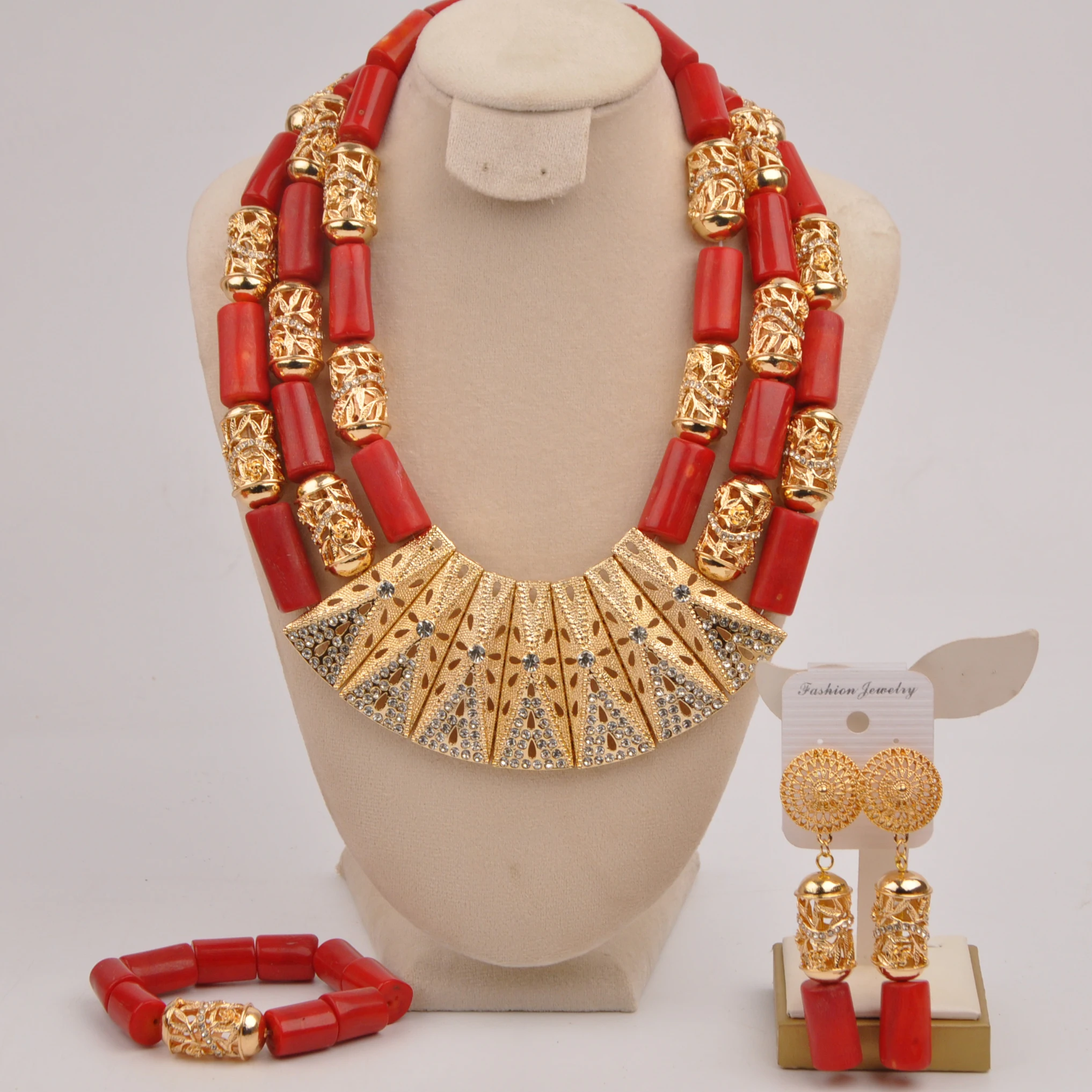 

Fashion Nigeria New Wedding Couple Jewelry African Bride Marriage Necklace Natural Red Coral Jewelry Set SHXY-58