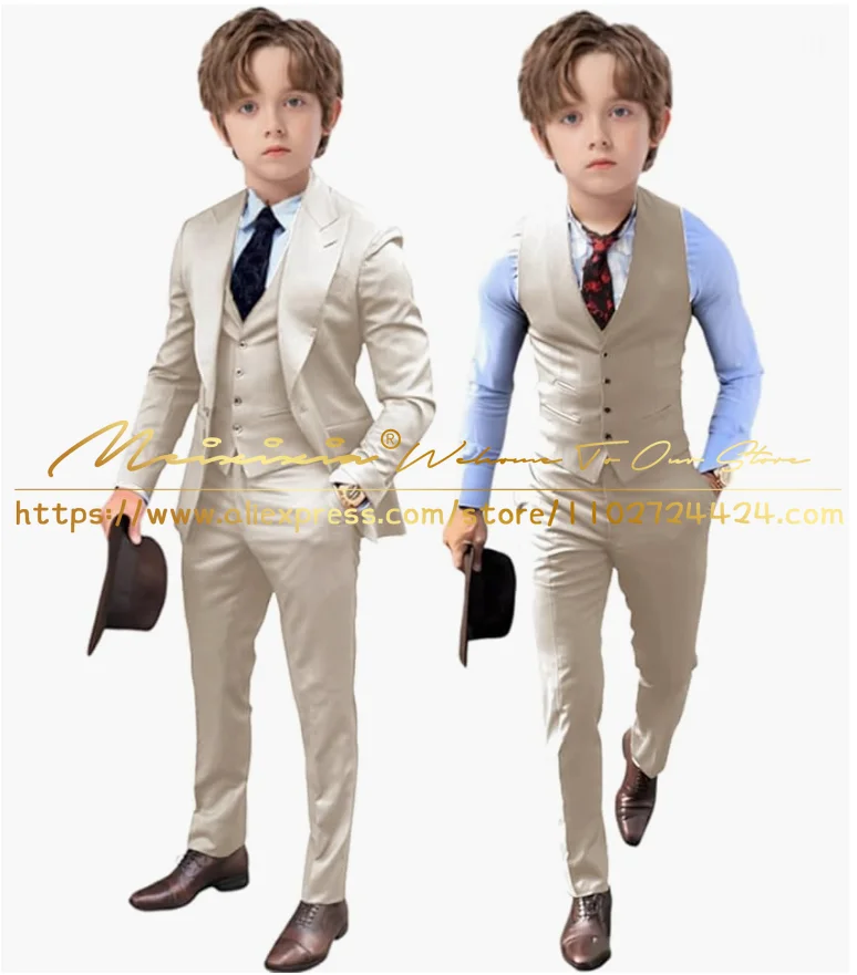 

Beige Kids Tuxedo Suits for Boys Slim Fit Flower Boys 3 Piece Wedding Prom Blazer Vest Pants Sets Child Costume