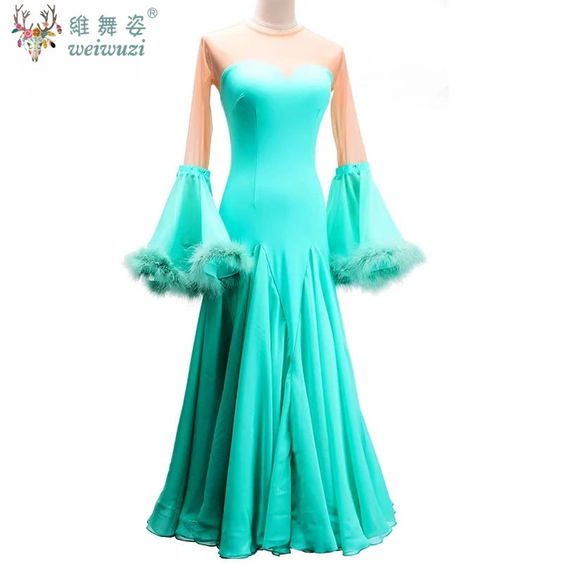 

Ballroom Dance Dress Women Modern Standard Dance Outfit Waltz Competition Clothing Long Sleeve Feather Performance Dresses