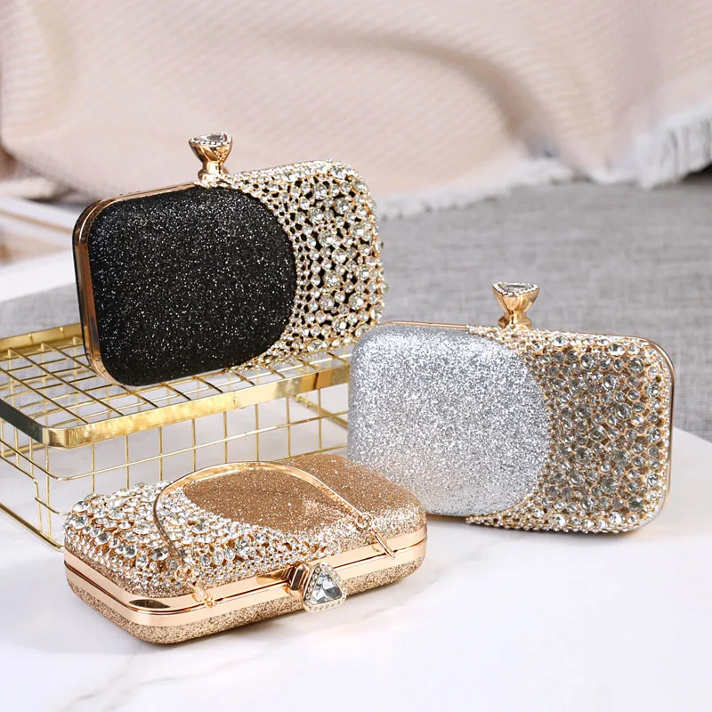 Women Diamond Evening Bag Glitter Hollow Out Gold Rhinestone Handbag Ladies Chain Crystal Wedding Party Mini Purse Day Clutch