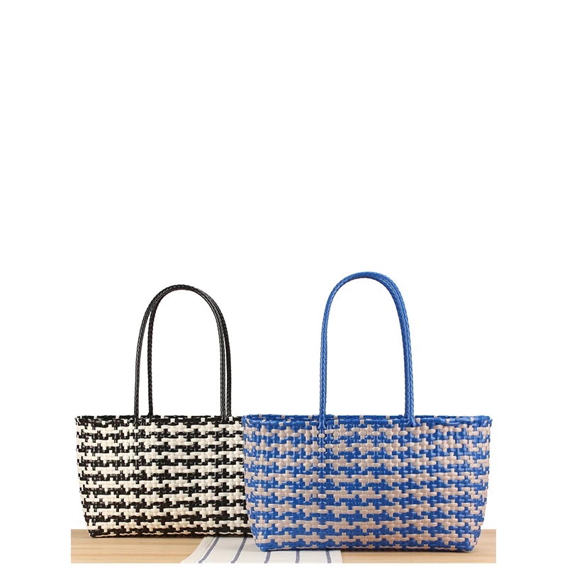 Gewebte Kunststoff-Gemüsekorb-Umhängetasche, vielseitige Damen-Handtasche im Lazy-Style, leichte Strand- und Einkaufstasche für den Urlaub – Detail 11