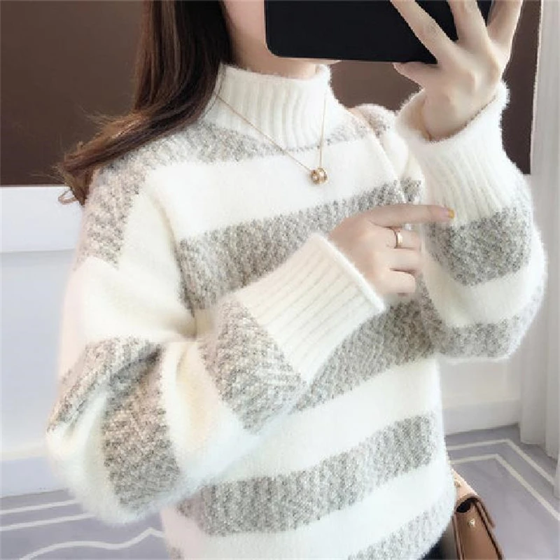 Women Trendy Striped Casual Streetwear High Collar Thick Soft Knitted Sweater 2023 Autumn Winter Long Sleeve Loose Pullover Tops