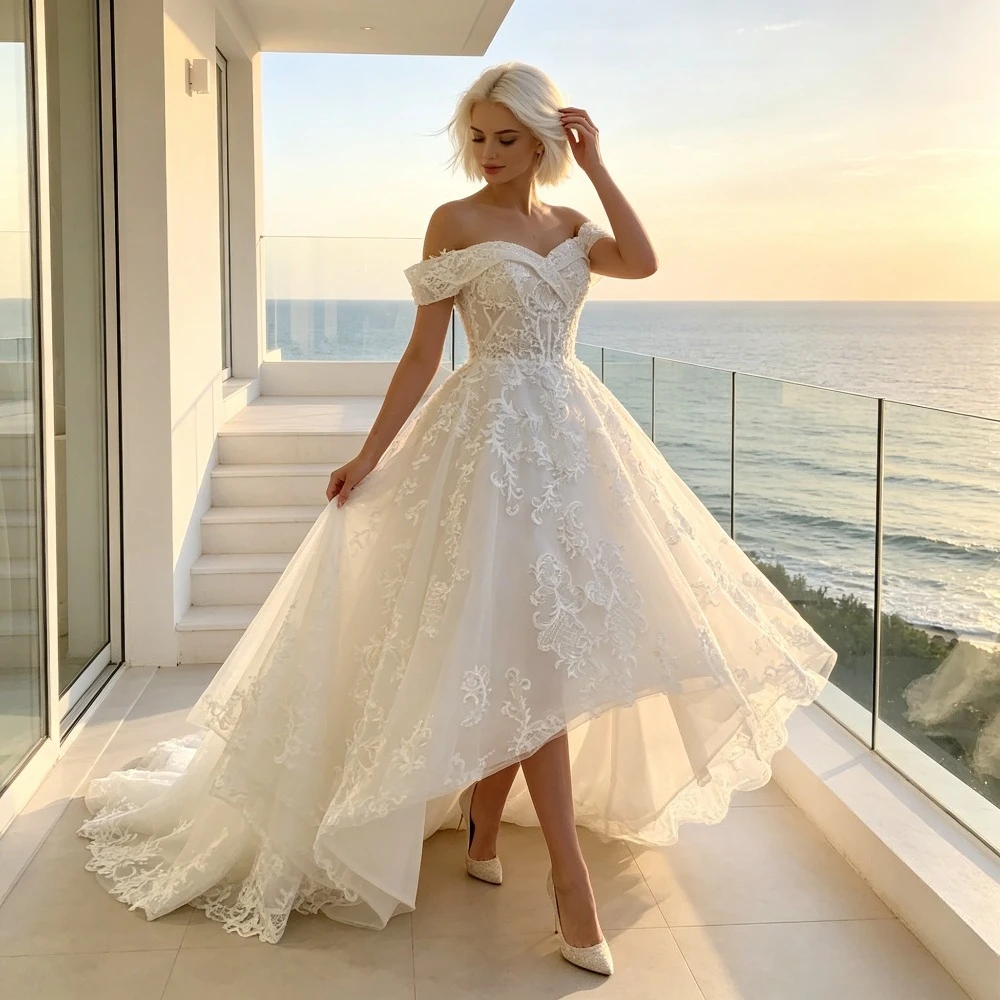 Customized Luxury Off Shoulder Lace Wedding Dress Sweet Neckline and Backless Decal for Brides 2026 Style Suitable for Parties