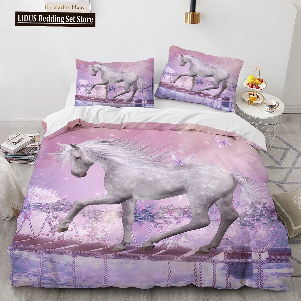 

Unicorn Bedding Set 3D Print White Horse Duvet Cover Set Pink Background King Queen Full Twin Size For Kids Teen Comforter Cover