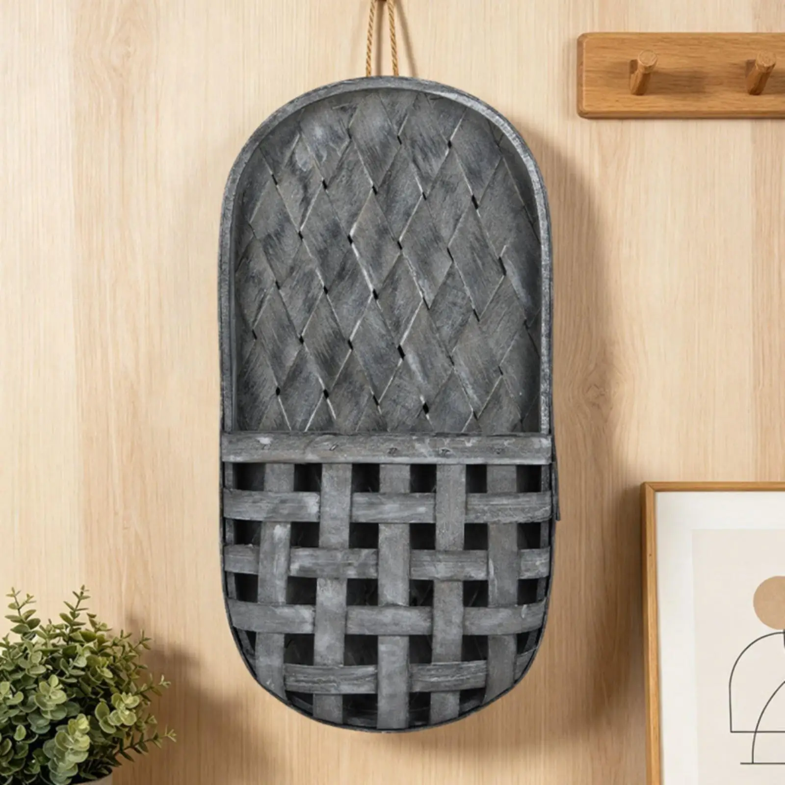 Woven Wood Basket Arched Top Wooden Wall Basket Shallow Profile Home Storage