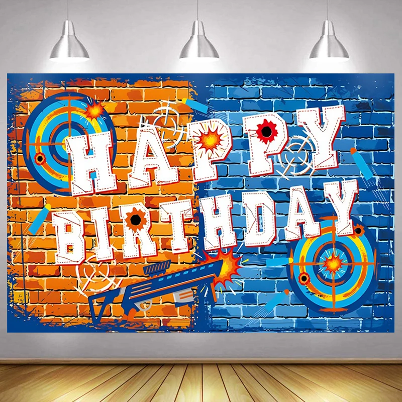 Nerf Gun Backdrop Happy Birthday Party Decoration for Boy Kids Shooting Game Banner Brick Wall Photo Background Photography Prop