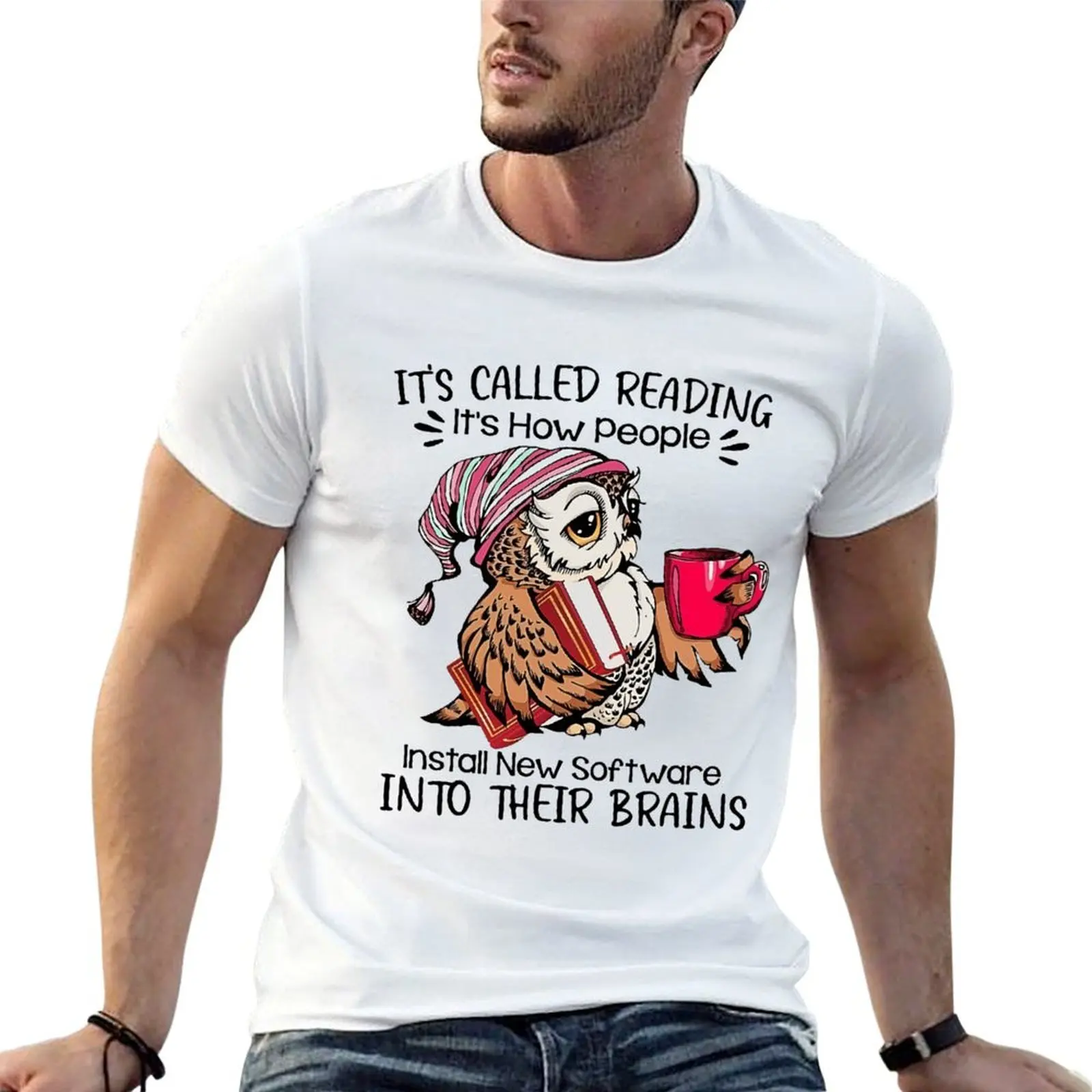 Camiseta con diseño de búho: Se llama lectura, es como cómo las personas instalan nuevo software en sus cerebros, camiseta con diseño de búho leyendo un libro