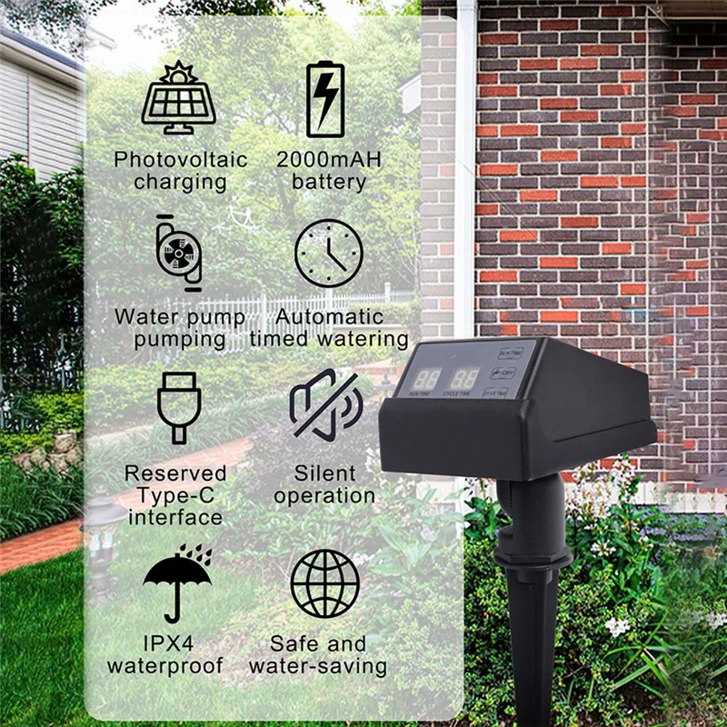 

ABZC-Automatic Solar Irrigation Timer Drip Water Pump Control System For Garden Lawn Pot Watering 2000Mah