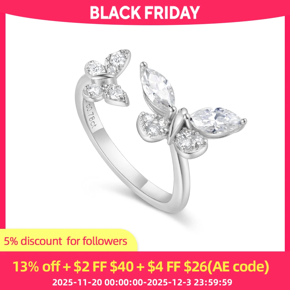 

ANDH Moissanite Butterfly Open Ring for Women Adjustable 925 Sterling Silver Birthday Valentine Anniversary Wedding Jewelry Gift