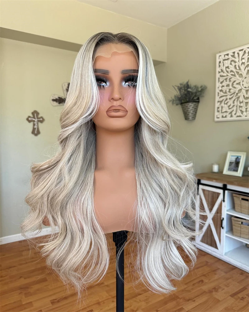 New Long Wavy Synthetic Lace Front Wig Highlight Grey Blonde Natural Wave Transparent Pre Plucked High Heat Resistant Fiber Wig