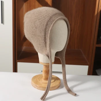100% lã pura inverno feminino chapéus de malha bonito rendas estudantes pulôver chapéu outono inverno quente à prova de vento earflap gorros feminino