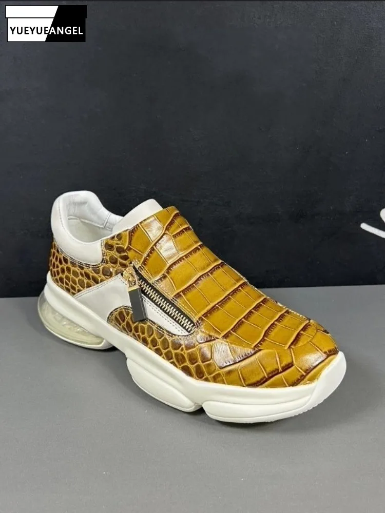 

Cow Leather Crocodile Pattern Men Sneakers Low Cut Shoes Top Quality Real Cowhide Loafers Thick Soled Height Increasing Footwear