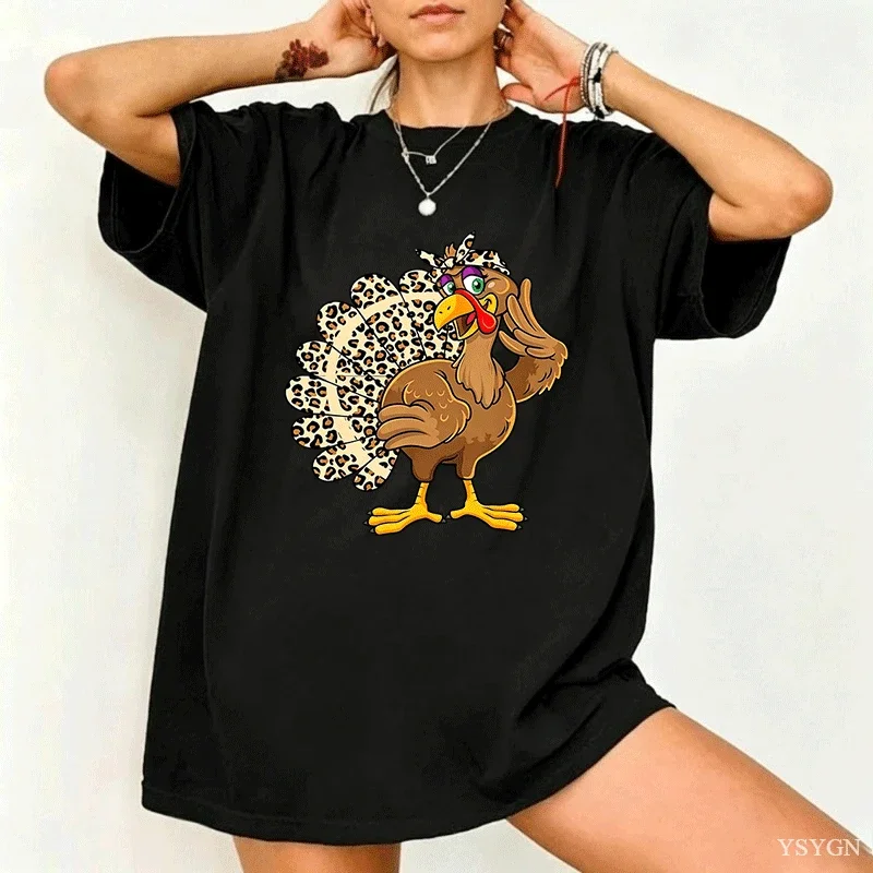 Thanksgiving Turkey Women's Leopard Print Tops Cotton T Shirt Graphic Clothing Short Sleeve Vintage Y2K Clothes Classic T Shirts