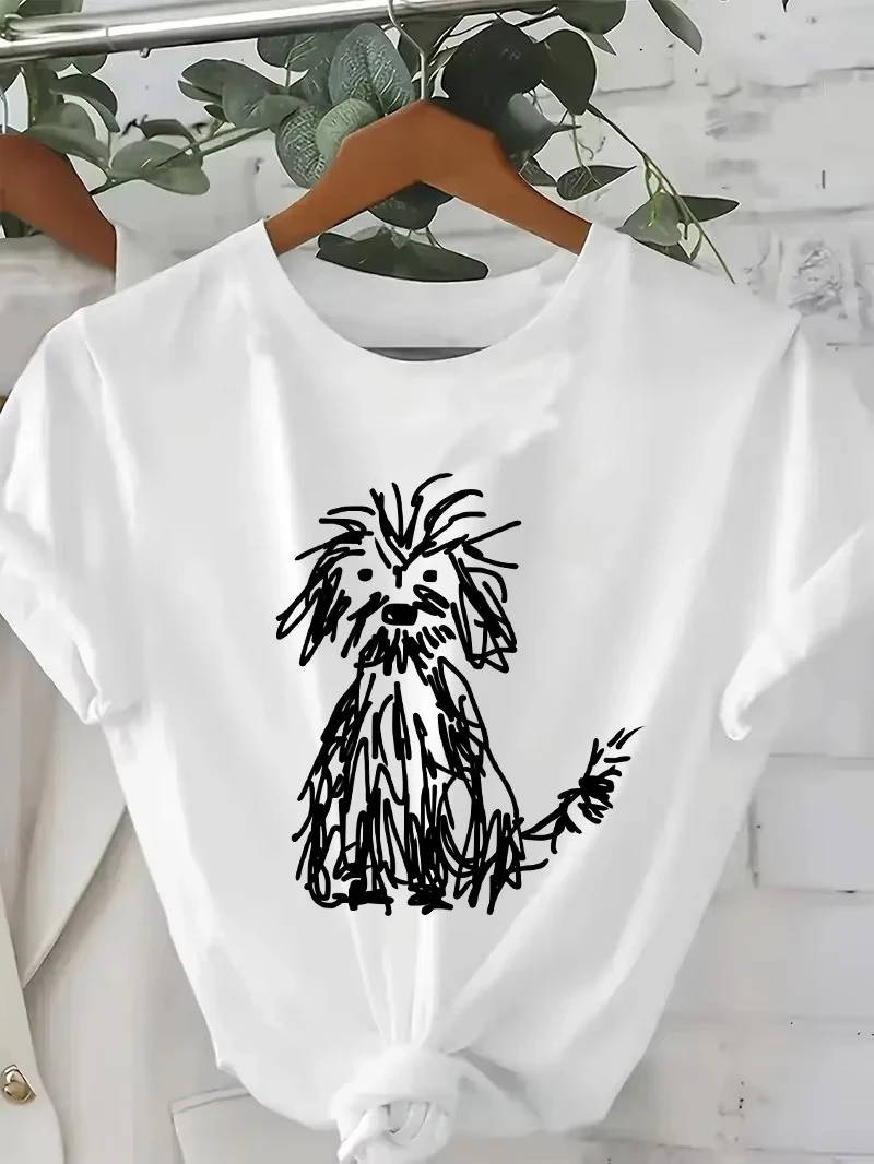 Women Gothic Creative Doodle Puppy Graphic Print Tee Short Sleeve Round Neck Summer Female Casual Minimalist Aesthetic Clothing