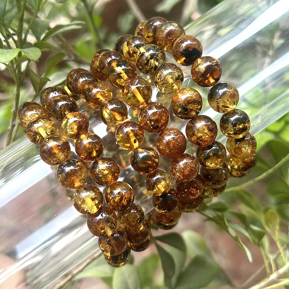 Natrural 8.8mm-10.5mm Genuine Flower Amber Bracelet Round Beads ,Fashion Jewelry for Men and Women Special Gift，Diy Wholesale