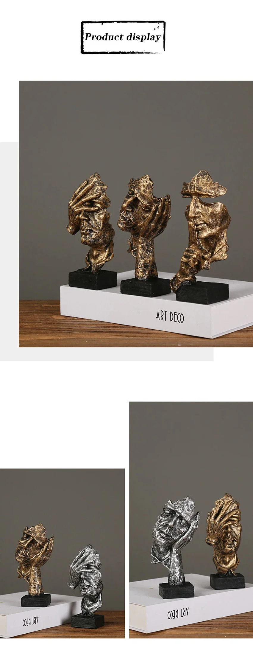 17 cm Wohnkultur Abstrakte Stille Ist Gold Figur Harz Hand Gesicht Stille Männer Statue Skulptur Hause Büro Wohnzimmer Dekoration – Detail 3