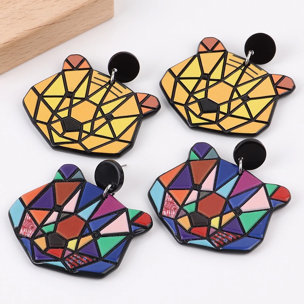 New Colorful Geometric Spliced Bear Acrylic Drop Earrings for Women Cute Cartoon Large Animals Dangle Earring Fashion Jewelry