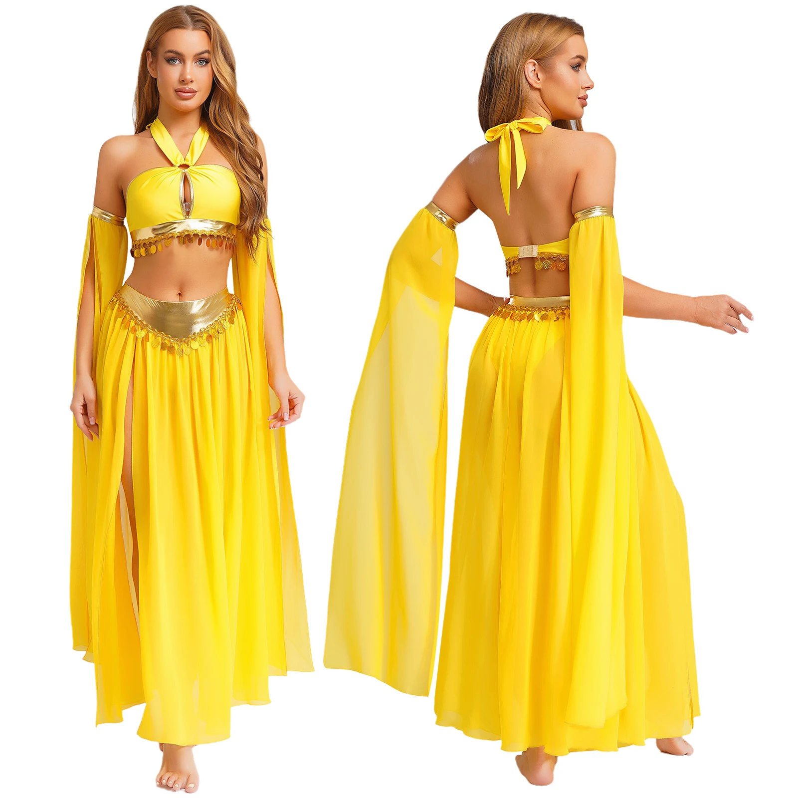 Women Halloween Cleopatra Ancient Egyptian Queen Costume Halter Crop Tops with Split Chiffon Skirt Sleeves Belly Dance Outfits