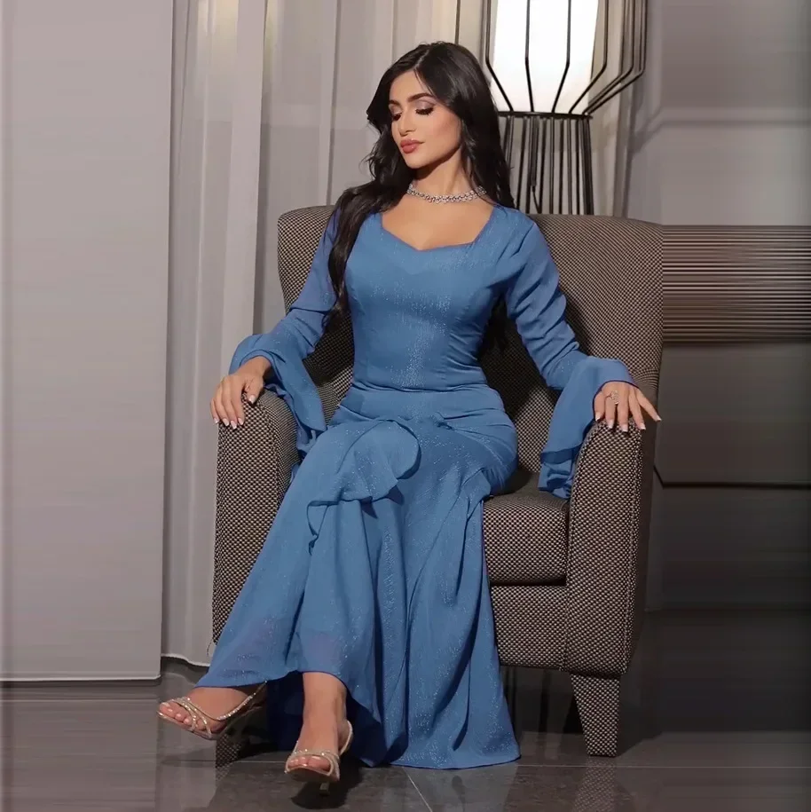 Shiny Plain Abaya Dubai Modest Muslim Party Dress for Women Blue Abayas Jalabiya Evening Dresses Islamic Clothing Kaftan Robe