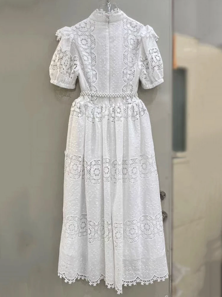 Abito a vita alta monopetto scavato con ricamo vintage da donna estivo 2025 Gonna pouf allentata moda + cintura di perle