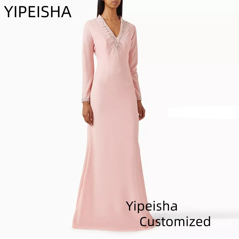 

Customized Beading V-Neck Crepe Formal Evening Dress Slim Mermaid Prom Dresses 2025 Long Sleeves Party Dress