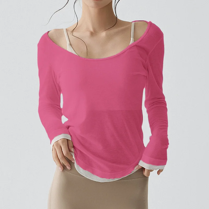 

Lightweight Slightly Transparent Yoga Tops Women Autumn Loose Fitness Gym Long Sleeve Sports Top Big U Neck Running Workout Suit