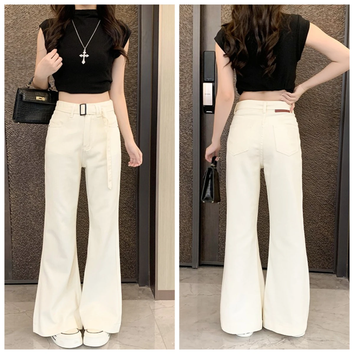

Spring and Autumn New High-Waisted Wide-Leg Flared Jeans for Women with Belt Elastic Loose Straight Slimming Pants, Large Size