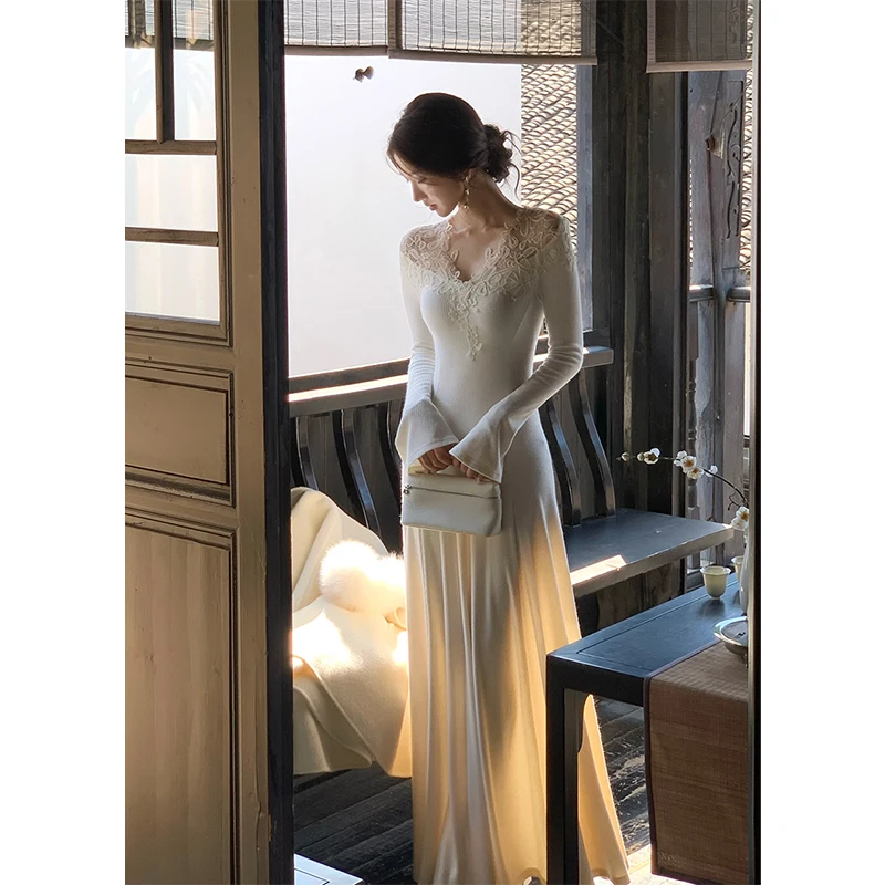 MEXZT Spitze Gestrickte Lange Kleid Frauen Mode Elegante Party Maxi Kleider Koreanische V-ausschnitt Robe Winter Langarm Bodycon Vestidos