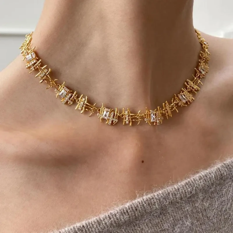 

Irregular Metal Woven Zircon Stud Earrings Necklace For Women Creative Luxury Chokers Trend Minimalist Aesthetic Jewelry Sets