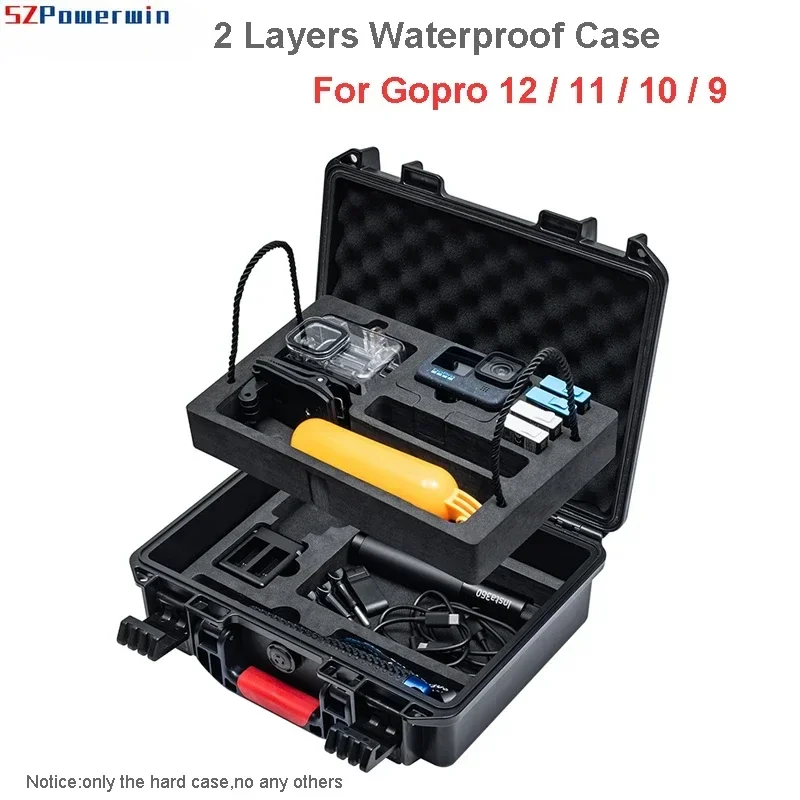 SZPowerwin 2 Layers Portable Travel Hard Case For GoPro 13/12/11/10/9/8/7 Carrying Case Storage Waterproof Box Camera Accessory