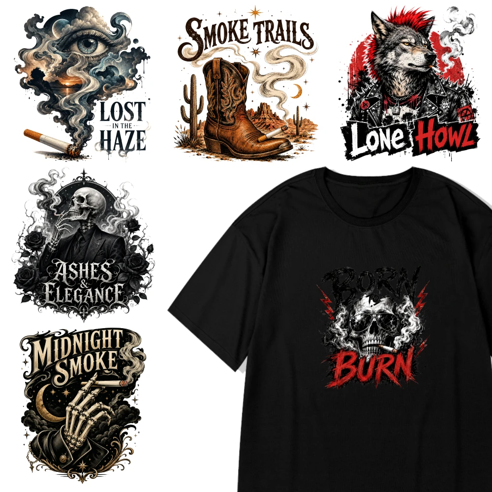 6 Pcs Smoke Trails Lone Howl Lost Haze Ashes Elegance Midnight Smoke Burn Skull Iron on Transfers for T-Shirts Jeans Clothing