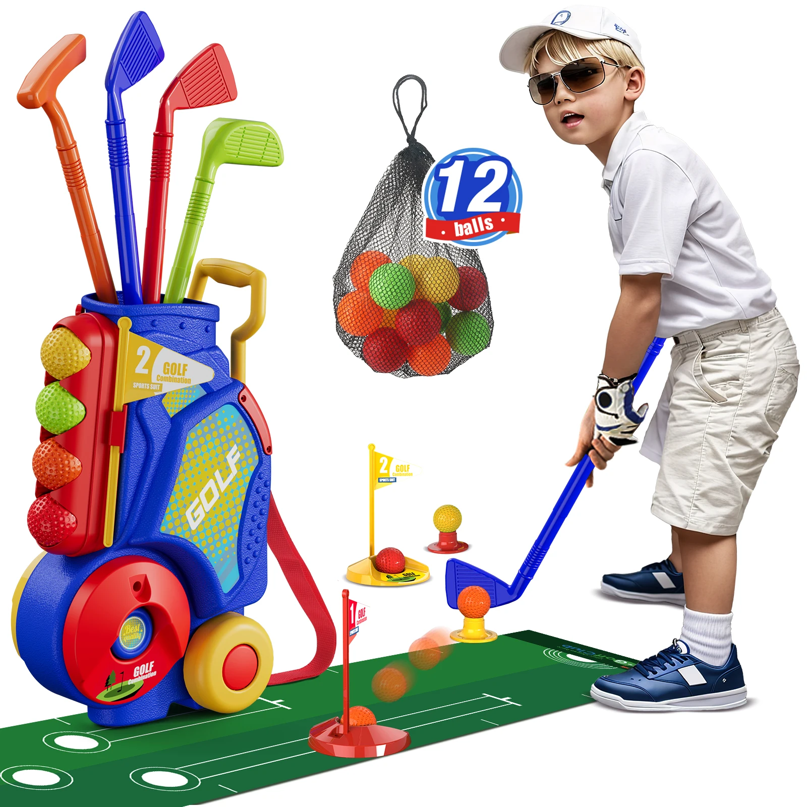 

Toddler Golf Set, Upgraded Kids Golf Clubs with 12 Balls, Putting Mat, Shoulder Strap, Indoor Outdoor Sport Toys Gift for Kids