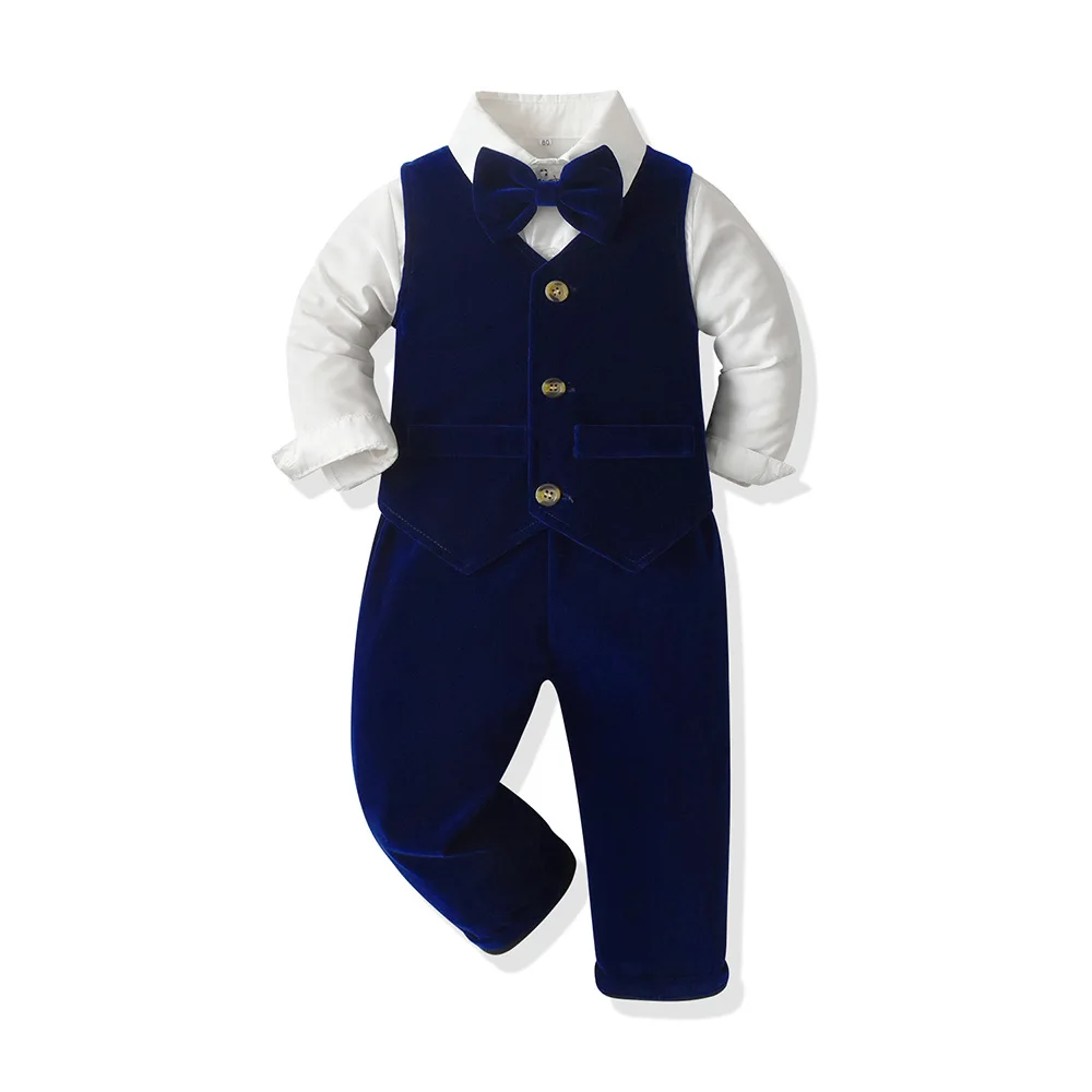 Foreign trade boy's velvet dress set, wine red vest shirt, pants, little boy's birthday host, flower girl costume